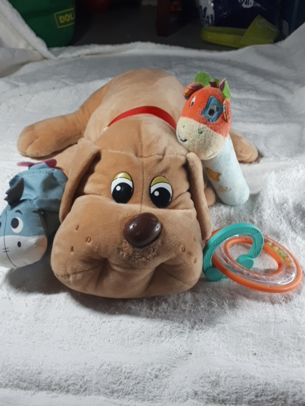 Plush Brown Puppy Comfort Toy with Multicolor Teether & Rattle